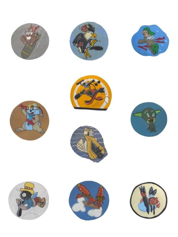 10 WWII Movie Studio Bomber Squadron Patches: 10 WWII RKO Movie Studio Bomber Squadron Patches. Hand painted. All with stamps on verso. Various shapes and sizes. Largest measures approx. 6" diam. Please be advised: This item has not been