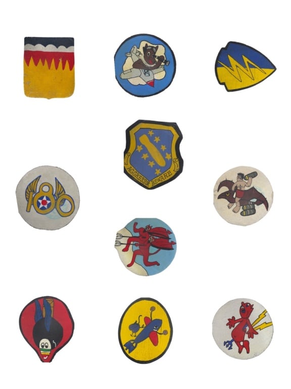 10 WWII Movie Studio Bomber Squadron Patches: 10 WWII RKO Movie Studio Bomber Squadron Patches. Hand painted. All with stamps on verso. Various shapes and sizes. Please be advised: This item has not been authenticated by an independent expert,