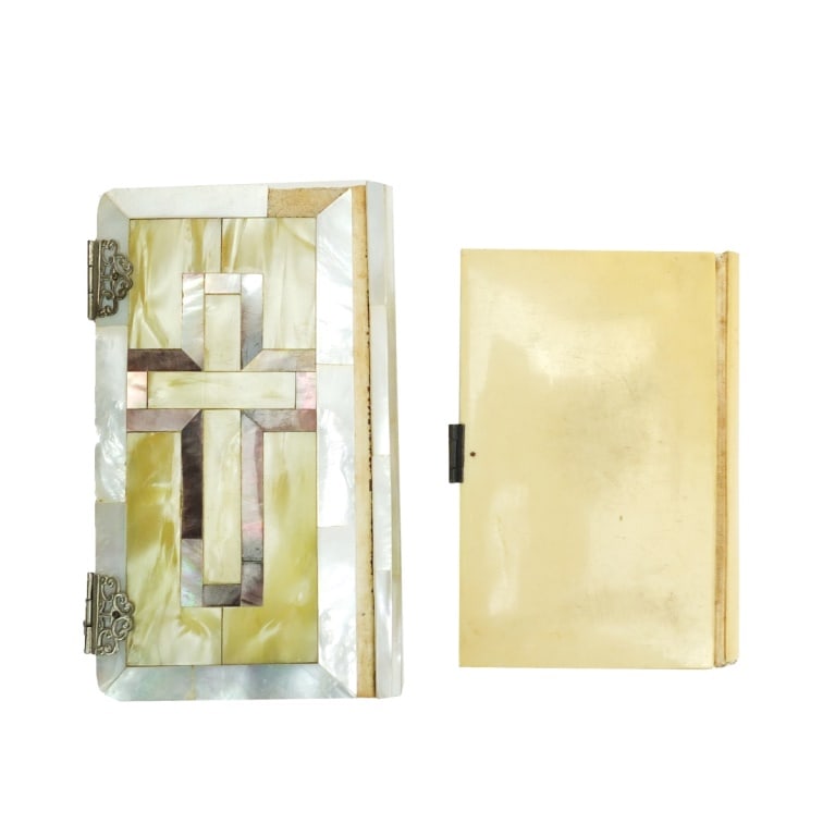 Two Early 20th C. Table Top Items: Grouping of Two Early 20th Century Table Top Items to Include a Celluloid and Mother of Pearl Inlaid Bible together with a Mother of Pearl and Abalone Inlaid Bible. Largest book measures 5-1/4" x 3".