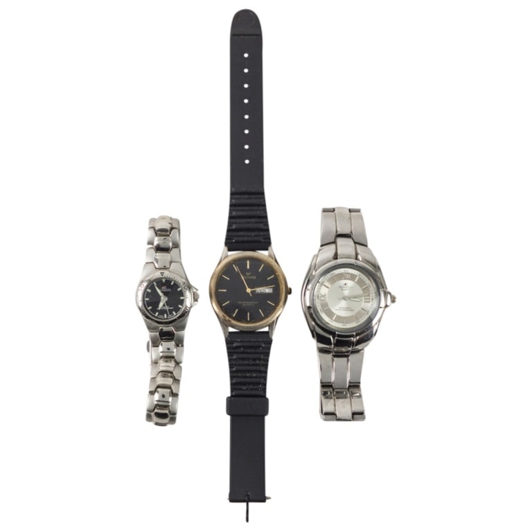 Three Vintage Wristwatches: Grouping of Three Vintage Wristwatches. Includes: (2) by Dennaci and (1) by Waltham. Largest measures 40 mm. Smallest measures 24 mm. The operational status of this lot is not guaranteed. Condition: