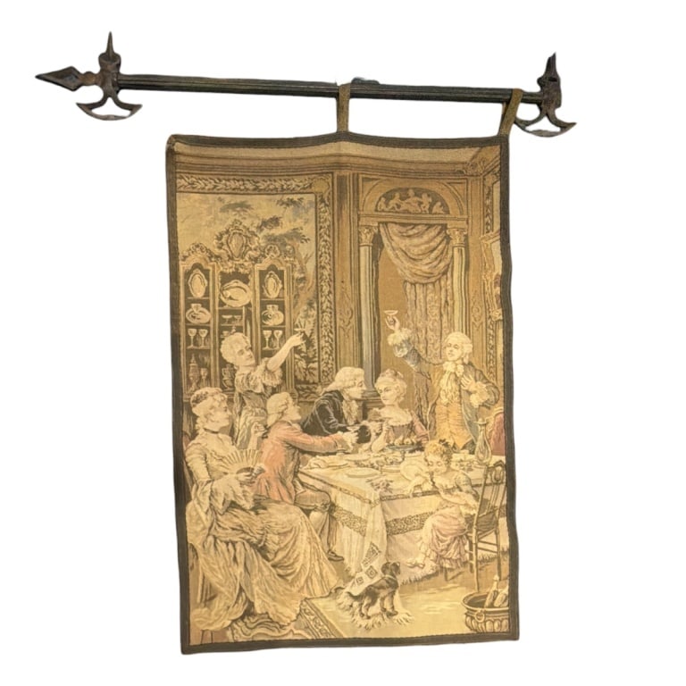 Antique French Jacquard Wall Tapestry: Vintage French Machine woven Wall Tapestry. Depicting an 18th Century social gathering or banquet scene. Marked Made In France Verso. Measures 36" x 24". Condition: Has a metal rod for hanging, one lo
