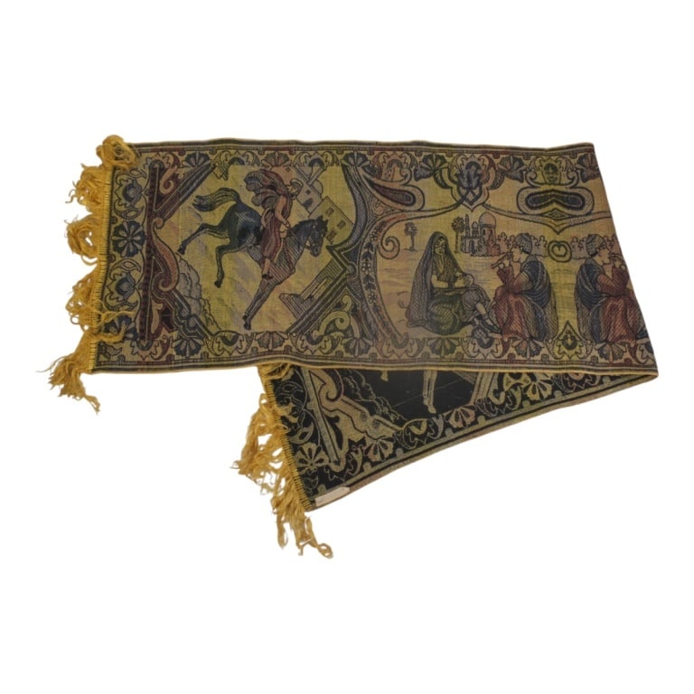 Vintage Indian Jacquard Shawl/Table Runner: Vintage Indian Jacquard Shawl/Table Runner. Figural motif. Unsigned. Measures 57-1/2" L x 15-1/2" with 3-1/2" fringe. Condition: No rip, tears, stains, in good condition consistent with age and use.