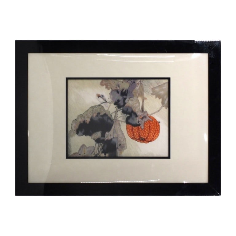 Vintage Chinese Silk Embroidery Panel "Pumpkin": Vintage Chinese Silk Embroidery Panel "Pumpkin". Unsigned. Framed, Matted and presented under acrylic screen. Measures 15-1/2" x 20-1/2" (sight), frame measures 31-1/4" x 41-3/4". Condition: Good