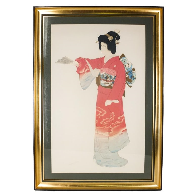 Uemura Shoen, Japanese (1875 - 1949): Uemura Shoen, Japanese (1875 - 1949) Cutout Poster Applied to Paper "Noh Dance Prelude" Unmarked. Sight measures 36" x 22-1/2". Frame measures 44" x 30-3/4". Condition: Good condition. Estimate 50 -