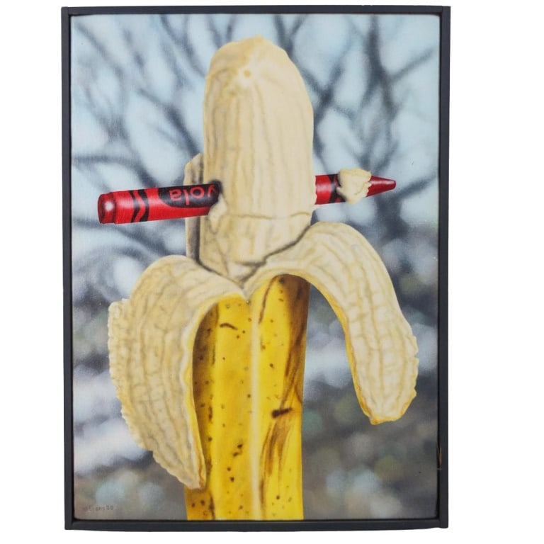 Bruce Evans (20/21st century): Bruce Evans (20/21st century) Acrylic on Canvas "Banana and Crayon" Signed and Dated 1980 Lower Left. Sight measures 14" x 10". Frame measures 14-1/2" x 10-5/8". Condition: In good condition. Estimate