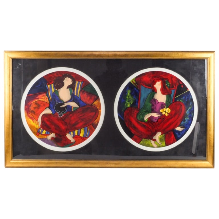 Linda Le Kinff, French (Born 1949): Linda Le Kinff, French (Born 1949) Diptych Color Lithograph on paper "Portrait of Two Women" Signed and Numbered. 21" x 40-3/8". Frame measures 24-1/2" x 44". Condition: Good condition. Estimate 100