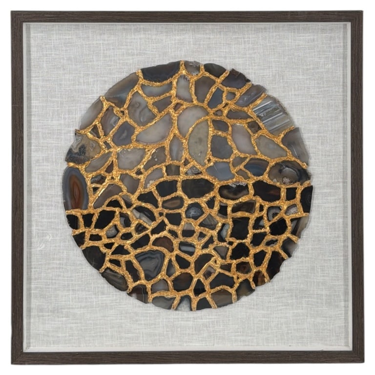 Framed Geode Slice Plaque: Framed Geode Plaque. Individual geode specimen slices joined together. Unsigned. Presented in a shadowbox frame. Plaque measures 17" diameter, frame measures 24" x 24". Condition: Good condition.