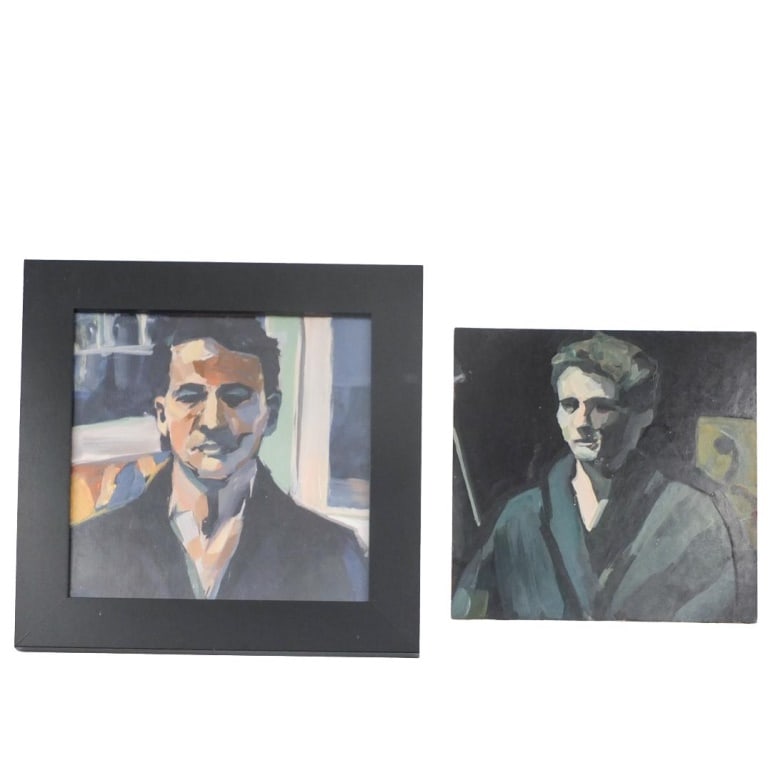 Hyunju Kim 2 Oil on Board "Portraits": Kim HyunJu (Born 1989) Two (2) Oil on Masonite Board "Portraits" Both are signed on the reverse side. One is framed under glass and measures 15-1/2" x 15-1/2". Other is unframed and measures 11-7/8"