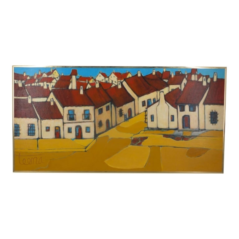 Teena Rice Acrylic on Canvas "Malaguena": Teena Rice, American (20th C) Acrylic on Canvas "Malaguena". Signed lower left, old label affixed to verso. Measures 17-1/2" x 35-1/2" (sight), frame measures 18-1/4" x 36-1/4". Condition: Good
