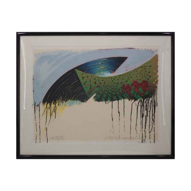 Contemporary Color Lithograph "Untitled Abstract": Contemporary Color Lithograph "Untitled Abstract". Signed illegibly and dated '87 lower right, numbered E.A. VIII/XL. Framed, matted and presented under acrylic screen. Measures 21-1/4" x 28-1/4"