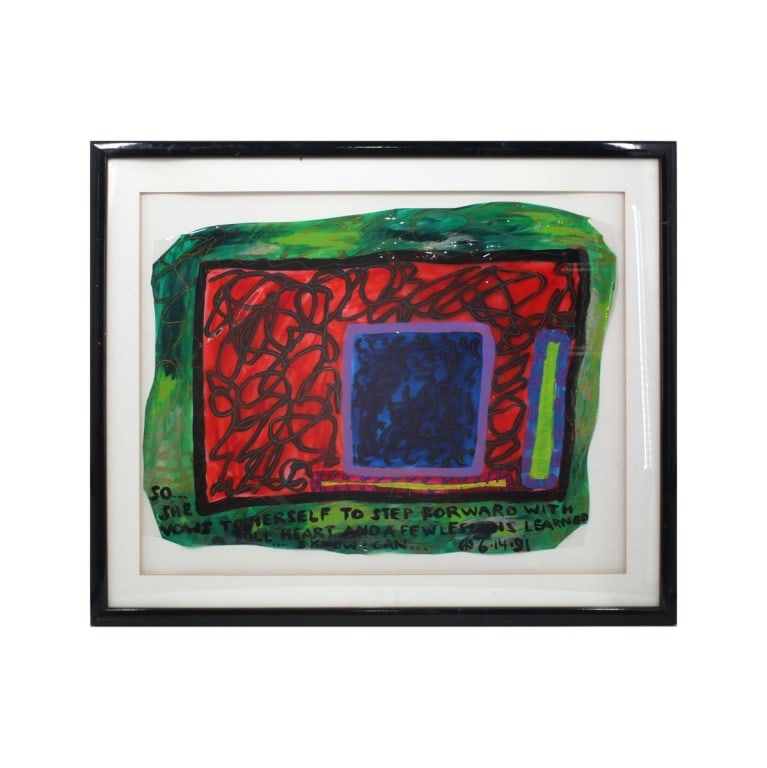 Contemporary Mixed Media on Vinyl: Contemporary Mixed Media on Vinyl. Depicts and abstract image with the quote "SO... SHE VOWS TO HERSELF TO STEP FORWARD WITH ALL HER HEART AND A FEW LESSONS LEARNED". Unsigned. Framed, matted and