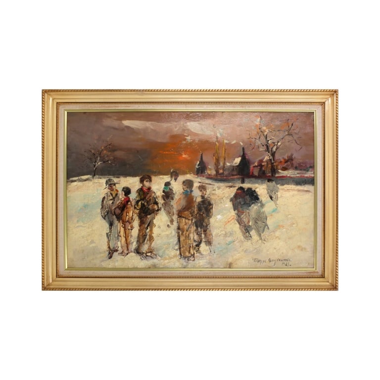 1968 Impressionist Oil/Canvas "Children In Snow": Mid Century Impressionist Oil on Canvas "Children In Snowy Landscape". Signed Philippe Mary Caumeil 1968 lower right. Measures 24" x 36", frame measures 30-3/8" x 41-3/4". Condition: Good condition.