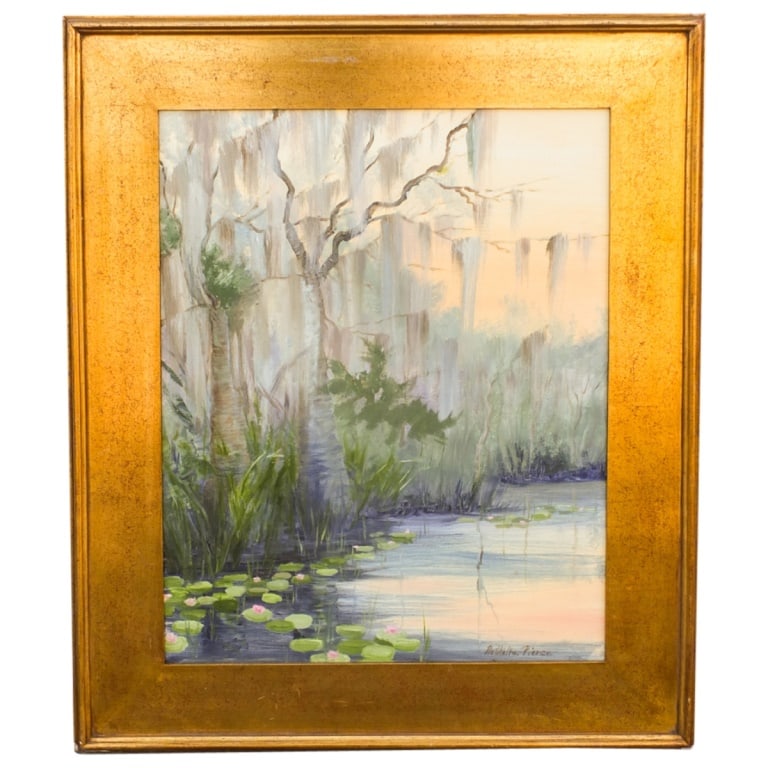 Nathalie Pierce (20th Century): Nathalie Pierce (20th Century) Oil on Canvas "Loxahatchee Cypress" Signed Lower Right. Measures 30" x 24". Frame measures 39-3/8" x 33-1/4". Condition: Good condition. Estimate 100 - 300 Domestic
