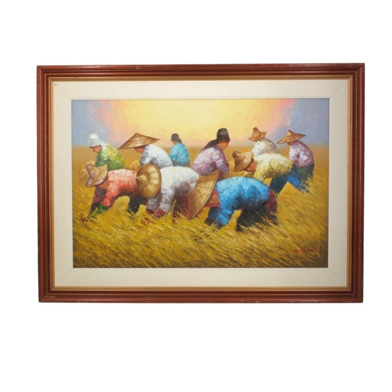 Decorative Signed Oil on Canvas "Rice Pickers": Decorative Oil on Canvas "Rice Pickers". Signed Dan Henson?. Framed. Measures 24" x 36", frame measures 33" x 45". Condition: Good condition. Estimate 100 - 300 Domestic shipping Third Party