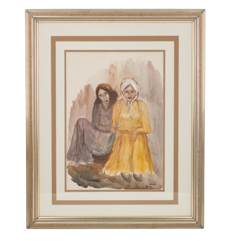 Mid Century Judaica School Watercolor: Mid Century Judaica School Watercolor on Paper "Mother and Child" Signed Lower Right. Sight measures 18" x 12-1/2". Frame 29" x 23-1/2". Condition: Good condition. Estimate 100 - 300 Domestic