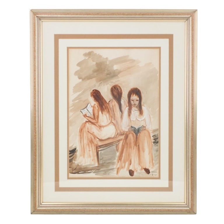 Mid Century Judaica School Watercolor: Mid Century Judaica School Watercolor on Paper "Three Girls Reading Books" Signed Lower Right. Sight measures 18" x 12-1/2". Frame 29" x 23-1/2". Condition: Good condition. Estimate 100 - 300