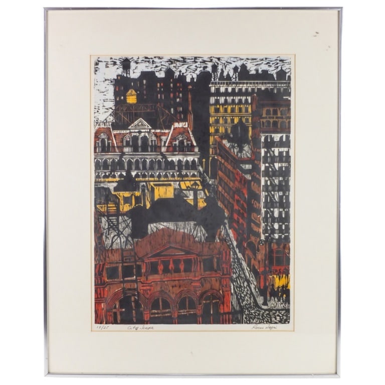 Rocco Negri (20th Century): Rocco Negri (20th Century) Color Woodcut on Paper "Seascape" Signed and Numbered 18/25. Sight measures 22-1/2" x 16-1/2". Frame measures 30-1/4" x 24-1/4". Condition: Good condition. Estimate 100 -