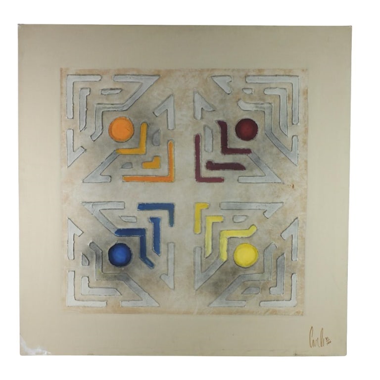 Fred Carlo (1911 - 1987): Fred Carlo, American (1911 - 1987) Oil on Canvas "Abstract Cubism" Signed Lower Right. Measures 40" x 40". Condition: Good condition. Estimate 100 - 200 Domestic shipping Third party