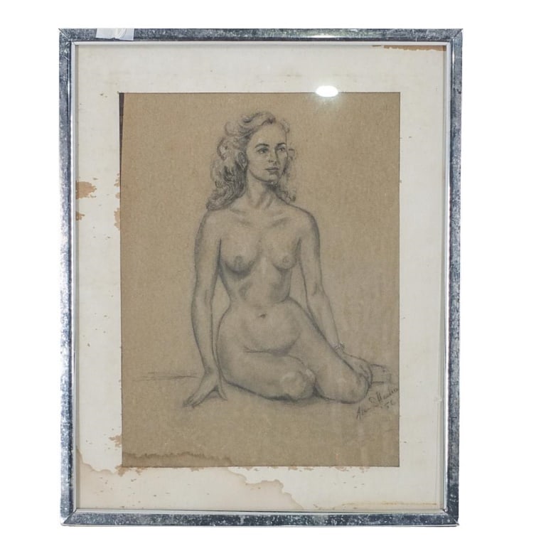 Mid Century American School Drawing on Paper: Mid Century American School Pastel Drawing on Paper "Nude" Signed and Dated 1952 Lower Right. Sight measures 15-3/4" x 11-5/8". Frame measures 20-7/8" x 16-7/8". Condition: Soiling and foxing to the