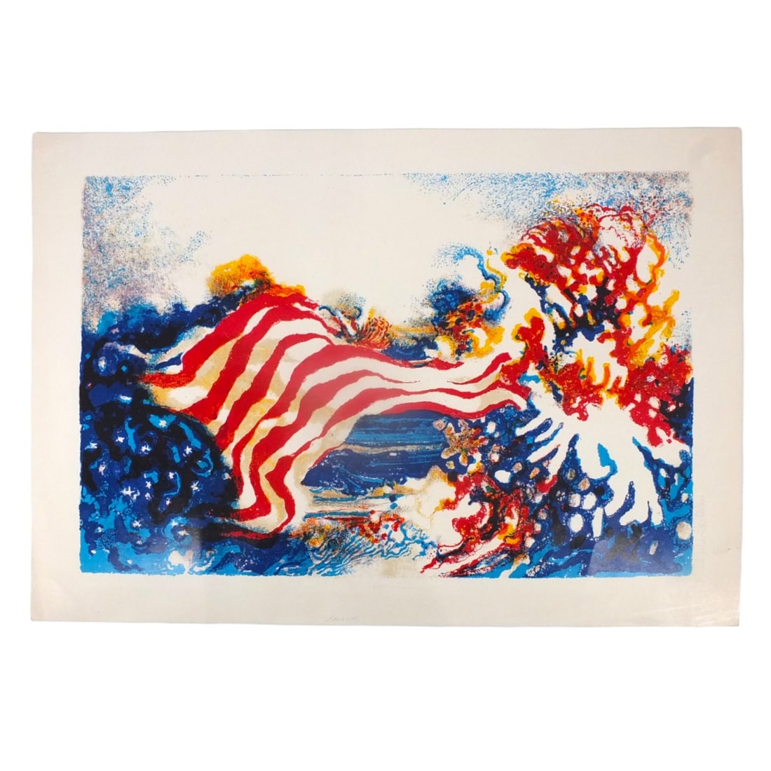 Ronald Julius Christensen Serigraph "America" A/P: Ronald Julius Christensen (American, B. 1923) Serigraph "America". Pencil signed and titled, A/P. Unframed, affixed to paper. Full sheet measures 21" x 30". Condition: Toning, tear on right side in ma
