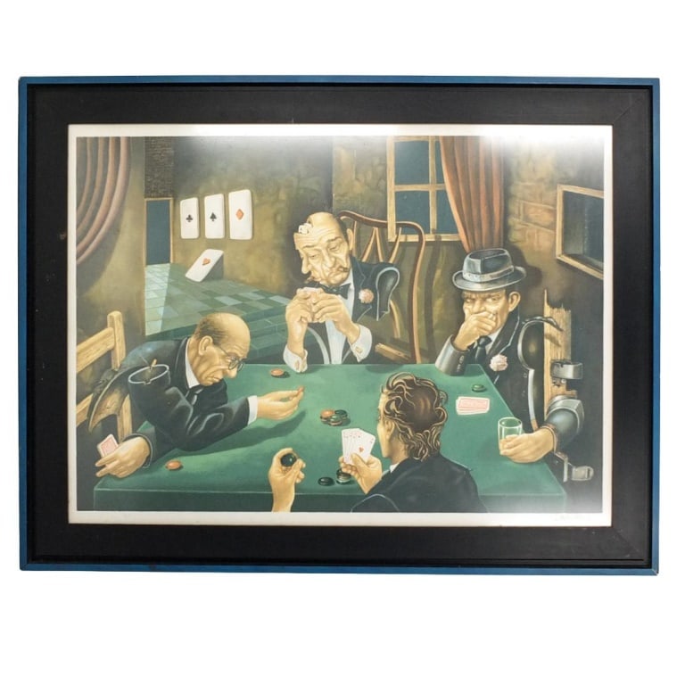 Israel Rubinstein, Israeli (b. 1944): Israel Rubinstein, Israeli (b. 1944) Artist Proof Lithograph on Paper "Poker Game" Signed Lower Right. Measures 29" x 39-1/2". Frame measures 36" x 46-1/2". Condition: Good condition. Estimate 50 -