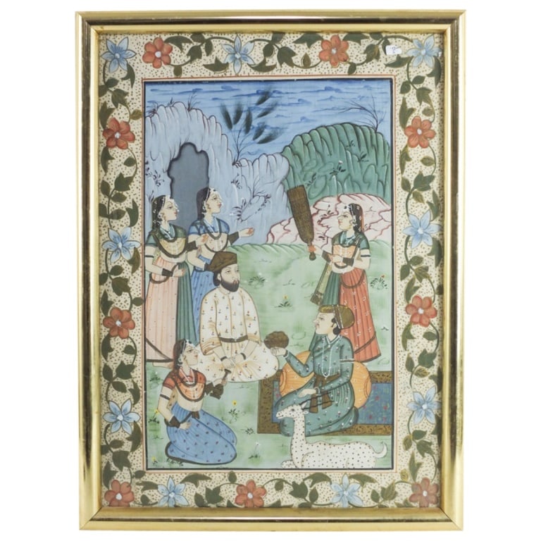Antique Indian Mughal Painting/Cloth "Court Scene": Antique Indian Mughal Painting on Cloth "Court Scene". Unsigned. Framed under glass. Measures 19-1/4" x 13-3/4" (sight). Frame measures 21-1/8" x 15-3/4". Condition: Good condition. Estimate 40 - 80