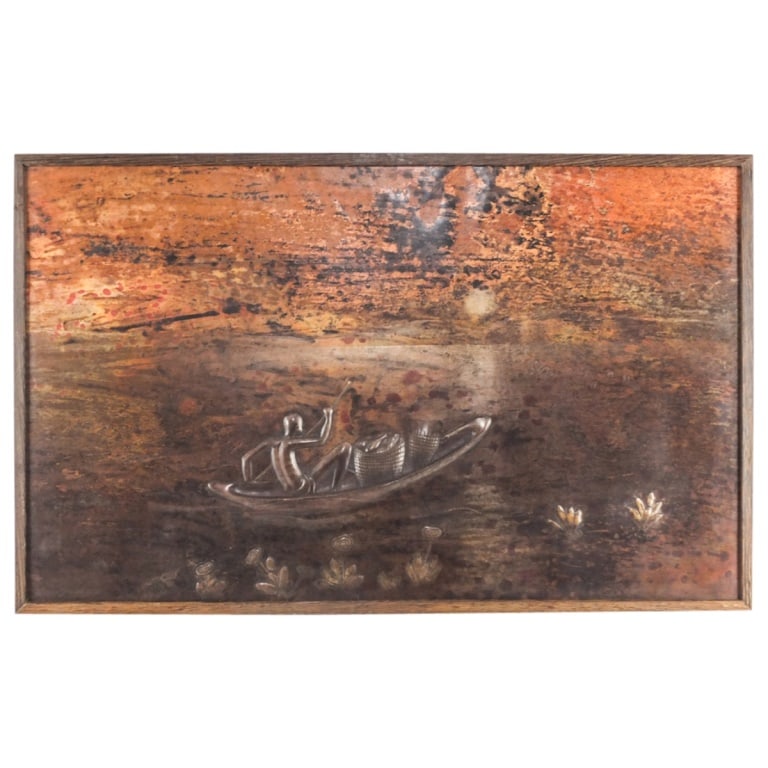 Chenge, African (20th Century): Chenge, African (20th Century) Copper Relief Plaque of a Fisherman. Signed lower left. Plaque measures: 16-1/2 x 27. Frame Measures: 17-1/2 x 28. Condition: Some Rubbing to the surface. Otherwise