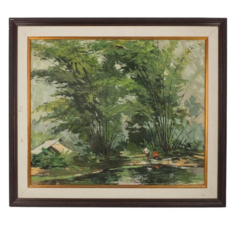 Le Van Tu Vietnamese MCM O/C "Riverside": Le Van Tu (Vietnamese, 20th C) Oil on Canvas "Riverside" Signed Lower Right. Measures 27-3/4" x 21-1/2". Frame measures 30" x 24". Condition: Good condition. Estimate 40 - 200 Domestic shipping Third
