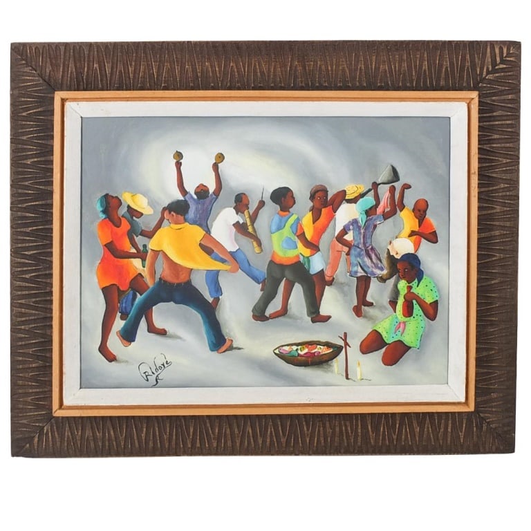 Rodrigue Ridore Haitian Oil/Board "Celebration": Rodrigue Ridore, Haitian (20th Century) Oil on Masonite "Celebration" Signed Lower Left. Measures 12-1/4" x 16". Frame measures 17-5/8" x 21-5/8". Condition: Good condition. Estimate 40 - 120