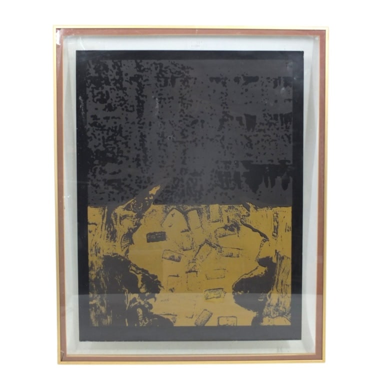 Enrique Broglia Serigraph "Abstract Composition": Enrique Broglia (Uruguayan, 1942-2013) Serigraph on glossy paper "Abstract Composition". Signed EA, Broglia. Sandwiched between glass. Full sheet measures 25-1/2" x 19", frame 29-3/4" x 23-3/4".