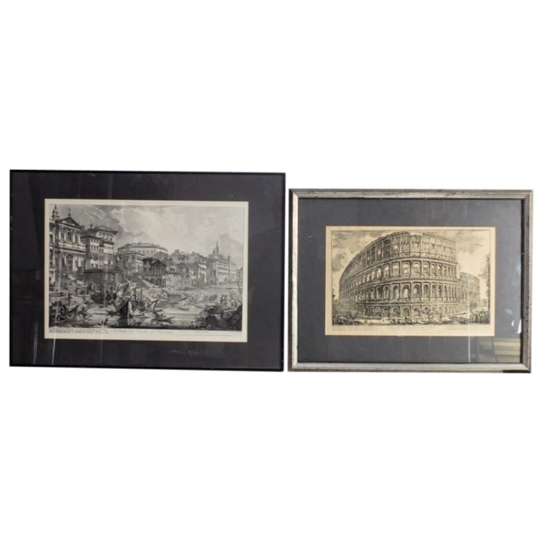 Giovanni Piranesi 2 Architectural Engravings: Giovanni Battista Piranesi (1720 - 1778) 2 Architectural Engravings. Both are signed in the plate. Gallery label en verso. Largest frame measures 20-1/4" x 28-1/4". Remaining frame measures 18-5/8" x