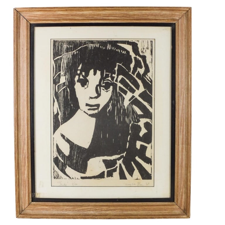 Style of Emil Nolde Expressionist Woodcut "Judy": Style of Emil Nolde (German, 1867 - 1956) Woodcut on Paper "Judy" Signed Magda Blue and Numbered 8/20. Sight measures 17" x 11-7/8". Frame measures 24" x 20". Condition: Toning to the paper. Estimate