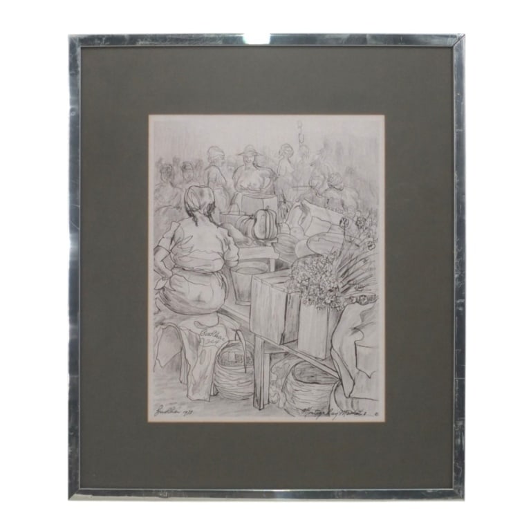 Neville Budhai Offset Litho "Montego Bay Market 8": Neville Budhai Offset Litho "Montego Bay Market 8". Facsimile signature and dated 1973. Framed under glass. Measures 13" x 10" (sight), frame 20" x 17". Condition: Good condition. Estimate 20 - 40