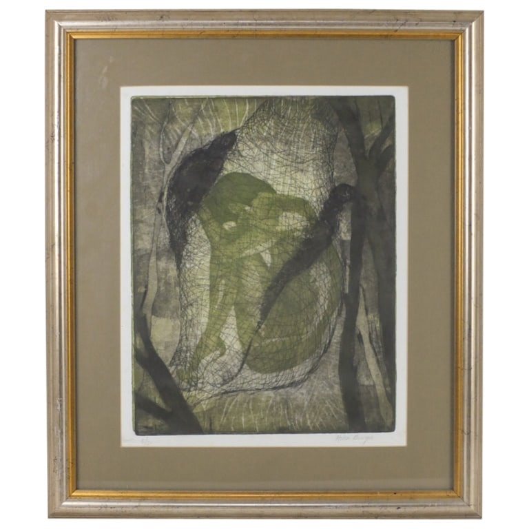Helen Burges (20th C.): Helen Burges (20th Century) Etching on Paper "Reclining Nude" Signed and Numbered 9/20. Sight measures 14-3/4" x 11-3/4". Frame measures 21-1/8" x 18-1/8". Condition: Good condition. Estimate 20 - 40