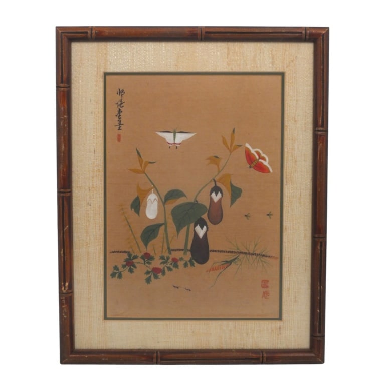 After Shin Saimdang - Chochungodo Style Painting: After Shin Saimdang (1504-1551) Korean School Watercolor "Eggplant & Grasshopper". Signed and stamped. Framed under glass. Measures 16" x 11" (sight), frame measures 22-1/4" x 17-1/2". Condition: