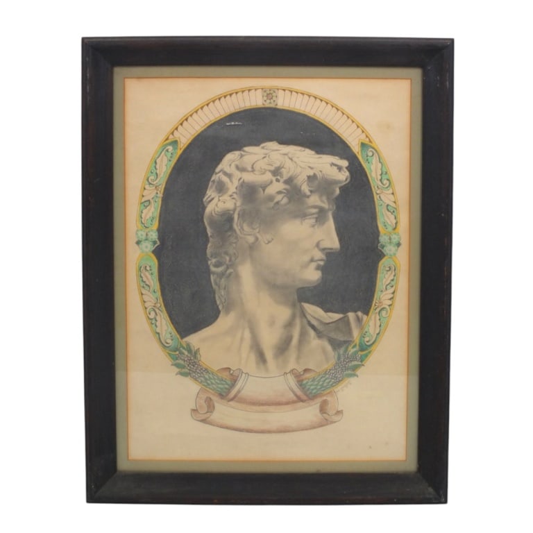 Antique Original Pencil Drawing "Classical Bust": Well done Antique Original Pencil and Colored Pencil Drawing "Classical Bust". Unsigned. Framed under glass. Measures 22" x 16" (sight), frame 26-3/4" x 20-3/4". Condition: Light toning or in good