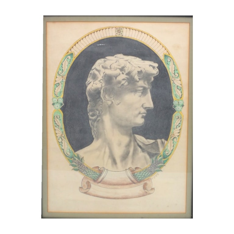 Antique Original Pencil Drawing "Classical Bust" - 2