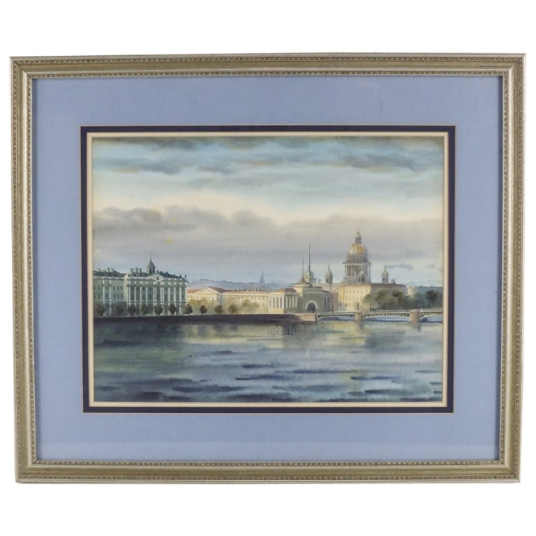 Russian School Watercolor "The Neva Embankment": Well Done Vintage Russian School Watercolor on Paper "The Neva Embankment, St. Petersburg" Signed Lower Right. Sight measures 9-3/8" x 12-3/8". Frame measures 15-1/8" x 18-1/8". Condition: Good