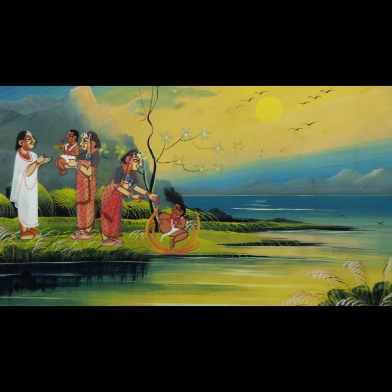 19/20th C. Indian Oil on Paper: 19/20th Century Indian Oil on Paper of a Figurative Scene by the River. Unmarked. Sight measures 10" x 16-1/8". Frame measures 17-1/4" x 23-1/4". Condition: Good condition. Estimate 20 - 40 Domestic