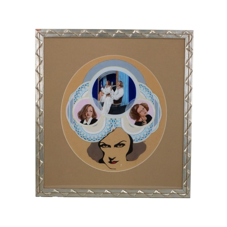 Old Hollywood Glamour Illustration Signed Rowe: Vintage Gouache Illustration "Old Hollywood Glamour". Signed Rowe. Framed and presented under glass screen. Measures 15-1/2" x 14" (sight), frame measures 22-3/8" x 21". Condition: Good condition.