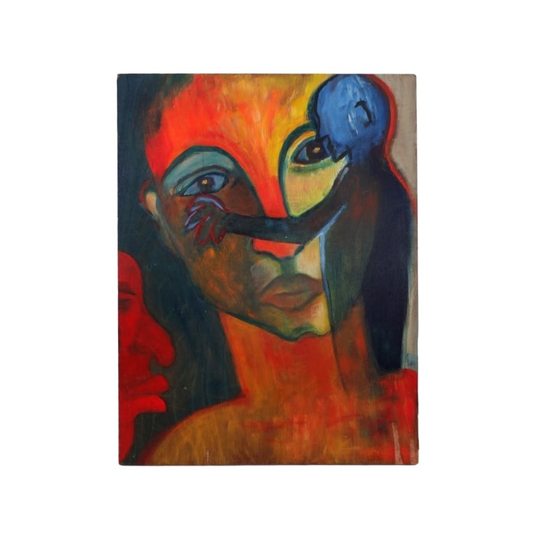 Style of Oswaldo Guayasamin Oil on Board: Style of Oswaldo Guayasamin, Ecuador (1919-1999) Oil on Board "Dry Your Tears". Unsigned. Measures 32" x 24". Condition: Wear, losses to wood. Estimate 100 - 400 Domestic shipping Third Party