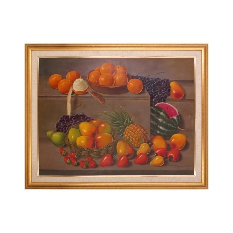 Victor Jimenez Decorative Oil/Canvas "Still Life": Victor Jimenez (20/21 C) Decorative Oil on Canvas "Still Life of Tropical Fruits". Signed lower right. Measures 30" x 40", frame measures 37" x 46-1/2". Condition: Good condition. Estimate 100 - 300