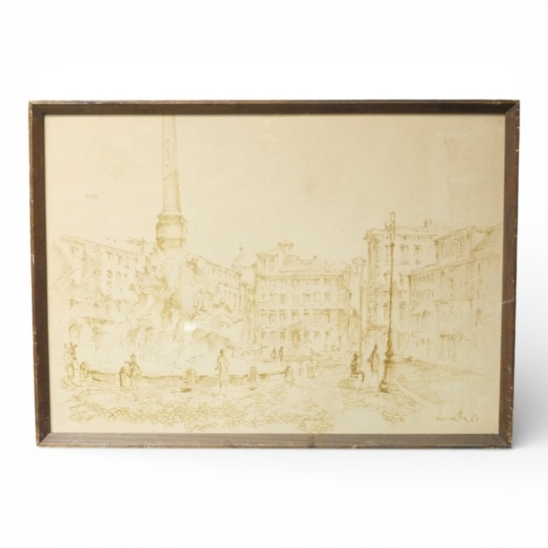 Vintage Architectural Ink Drawing, Piazza Novana: Vintage Architectural Ink Drawing, Piazza Novana. Signed Lissette? and dated '63 lower right. Framed and presented under glass screen. Measures 19-1/2" x 27-1/4", frame measures 20-1/2" x 28-1/4".