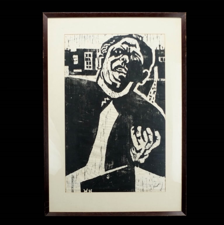 Udo Heiland Woodblock Print "Portrait of a Man": Udo Heiland (20th Century) Woodblock Print "Portrait of a Man", Signed lower right, inscribed in German lower left. Sight measures 24-1/2" x 15-1/4". Frame measures 31-1/4" x 22". Condition: Good