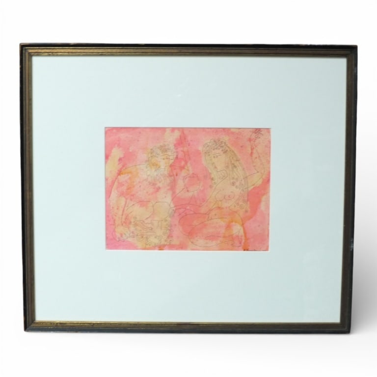Laurence Donovan Mixed Media "Man & Woman": Laurence L. Donovan Jr., American (1927-2001) Mixed Media of ink and watercolor on paper "Surreal Man & Woman". Signed lower right and dated 1960. Framed and presented under glass screen. Measures