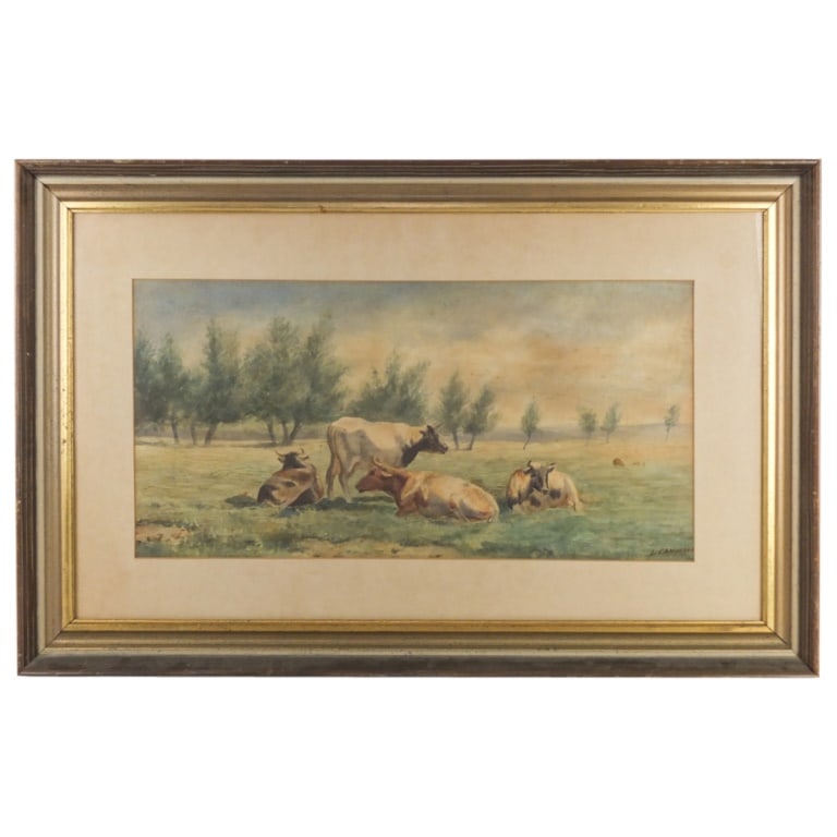 L. Candelle Watercolor on Paper ": L. Candelle (20th Century) Watercolor on Paper "Pastoral Scene". Framed under glass. Signed Lower Right. Measures 11-7/8" x 24". Frame measures 21-3/4" x 34-1/8". Condition: Foxing and toning to the