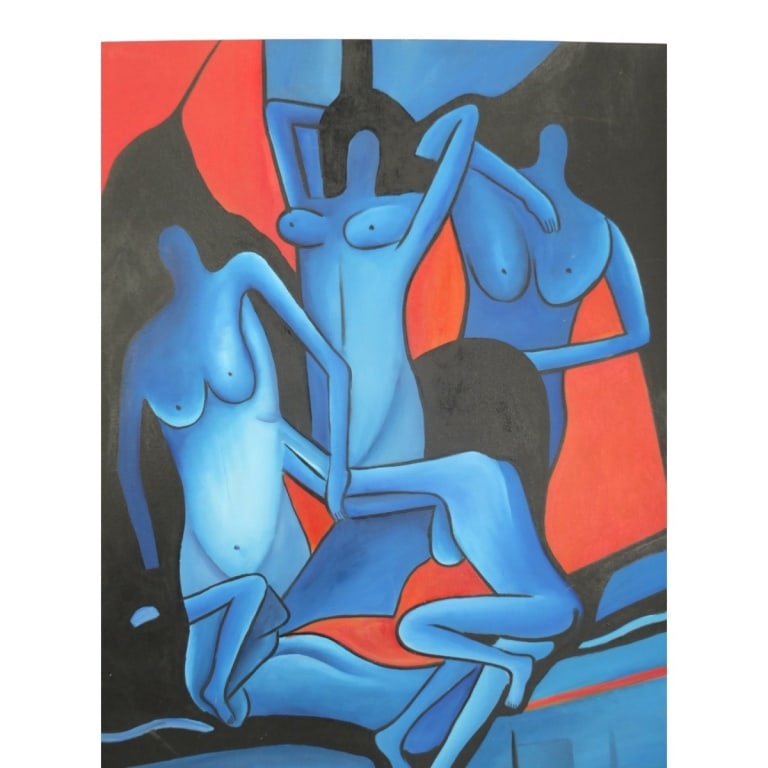 Modern Kostabi Style Decorative Oil/Wood "Nudes": Modern Mark Kostabi Style Decorative Oil on Wood "Nudes". Signed Garcia. Measures 35" x 34-3/4" x 2". Condition: Some light scuffs or in good condition consistent with age and storage. Estimate 100 -
