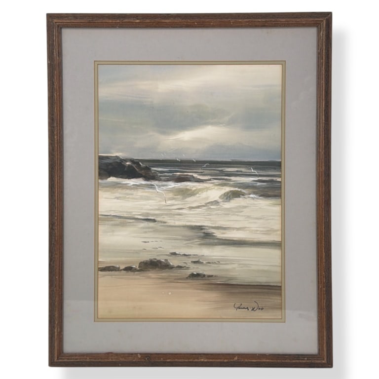 Young Woo (20th Century): Young Woo (20th Century) watercolor on paper "Beach Scene" signed lower right. Frame measures 28" x 22-1/2". Sight measures 20" x 14-1/2". Condition: Good condition. Estimate 50 - 100 Domestic