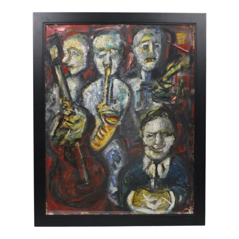 Style of Max Beckmann (1884 - 1950): Style of Max Beckmann (1884 - 1950) oil on paper "Musicians" unmarked. Frame measures 31-1/8" x 35-1/8". Sight measures 27-3/4" x 21-3/4". Condition: Crease top right corner. Craquelure loss to a