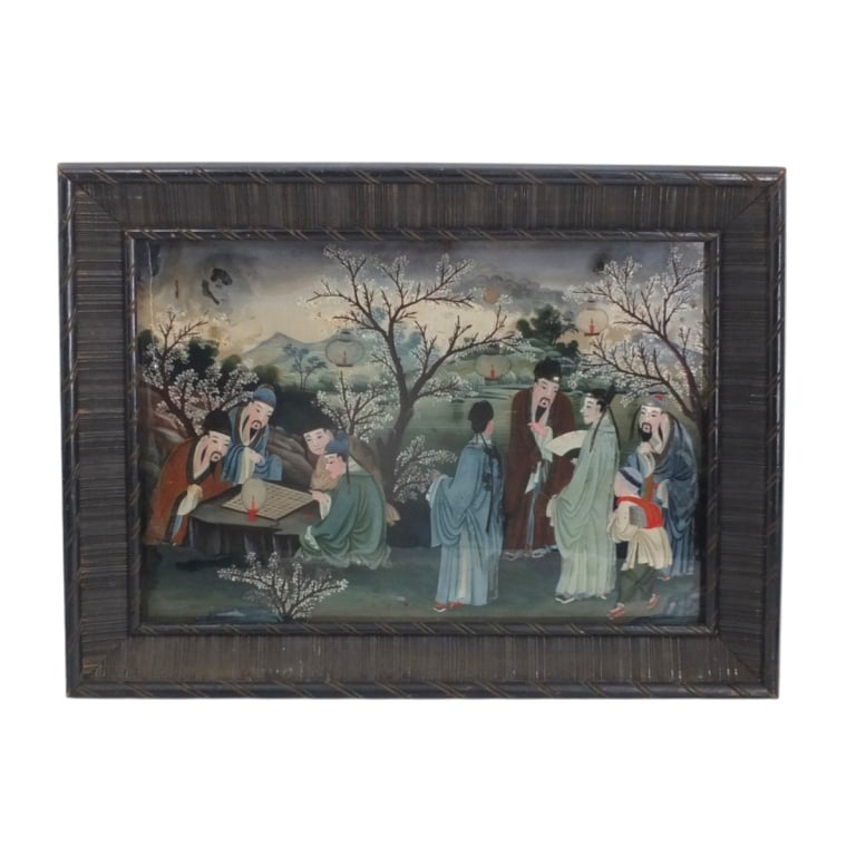 Antique Chinese Reverse Painting on Glass: Antique Chinese Reverse Painting on Glass "Genre Court Scene". Unsigned. Measures 18" x 26", frame measures 23-1/2" x 31-1/2". Condition: Good condition. Estimate 60 - 120 Domestic shipping Third